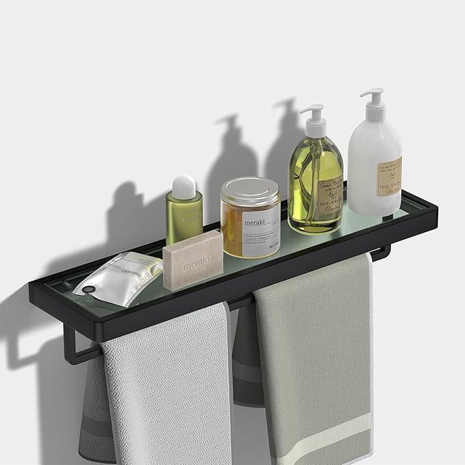 Floating Glass Shelves for Bathroom 20-in with Towel Bar/Tempered Glass Rectangular 1 Tier Organizer Shelf (Matte Black, 20'') - ModernBath