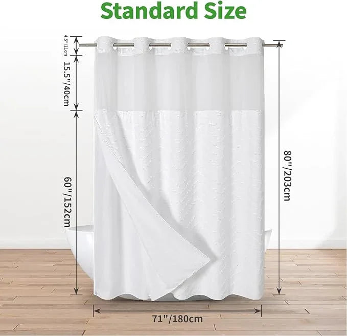 eachope Long No Hook Tufted Chevron Striped Shower Curtain with Snap-in Fabric Liner set-71Wx80H(78H),White Hotel Grade Boho Style Shower Curtain with See Through Top Window,Water Repellent - ModernBath