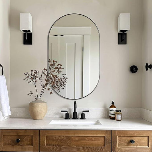 ANDY STAR Black Oval Mirror, 20x33’’ Oval Mirrors for Bathroom, Pill Shaped Mirror, Black Mirror Vanity, Modern Black Mirror for Bathroom Stainless Steel Metal Framed Wall-Mounted Mirrors - ModernBath