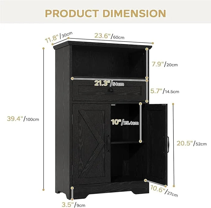 Floor Cabinet, Farmhouse Storage Cabinet with Barn Doors and Drawer, 11.81" D x 23.62" W x 39.37" H Black Freestanding Adjustable Shelf Organizer for Bathroom, Kitchen, Living Room - ModernBath