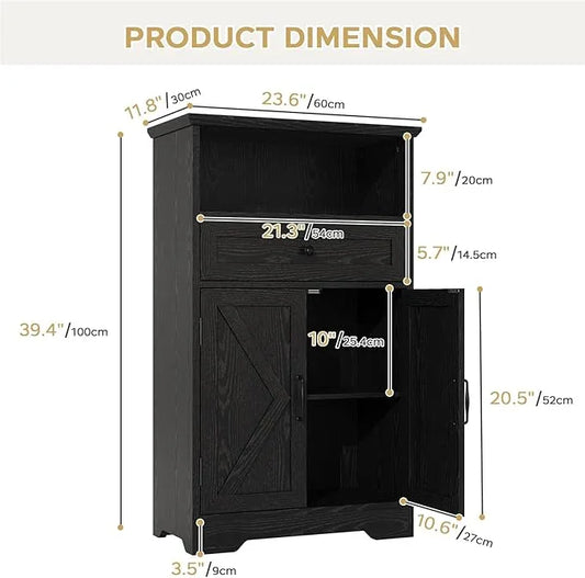 Floor Cabinet, Farmhouse Storage Cabinet with Barn Doors and Drawer, 11.81" D x 23.62" W x 39.37" H Black Freestanding Adjustable Shelf Organizer for Bathroom, Kitchen, Living Room - ModernBath