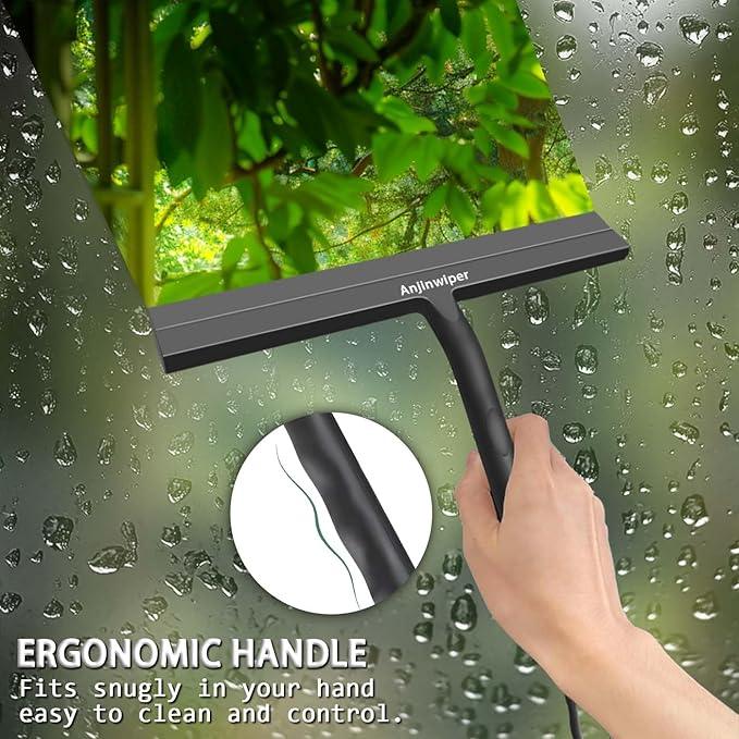 Anjinwiper Shower Squeegee for Glass Doors with Adhesive Hook, All-Purpose Squeegee for Shower Glass, Bathroom, Window, Mirror, Car Glass and Tile Wall-8.6 Inches,Black - ModernBath