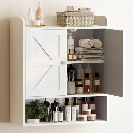 EasyCom Bathroom Cabinet Storage, Farmhouse Medicine Cabinet with Adjustable Shelves and Double Barn Doors, Over The Toilet Storage Cabinet for Bathroom, Kitchen, Living Room, White - ModernBath