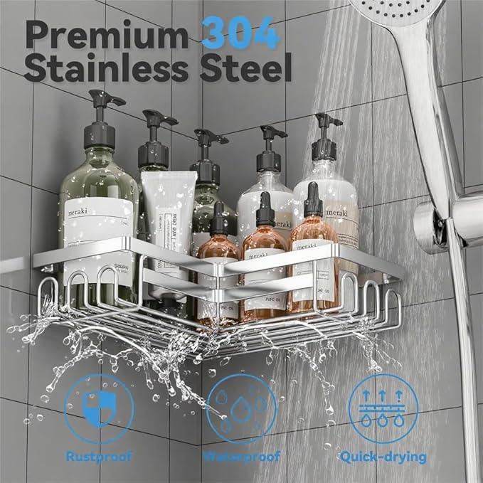 3 Pack Adhesive Corner Shower Caddy Shelf Organizer Rack, No Drilling Stainless Steel Shower Storage Rack with Hooks for Bathroom Storage & Home Decor - ModernBath