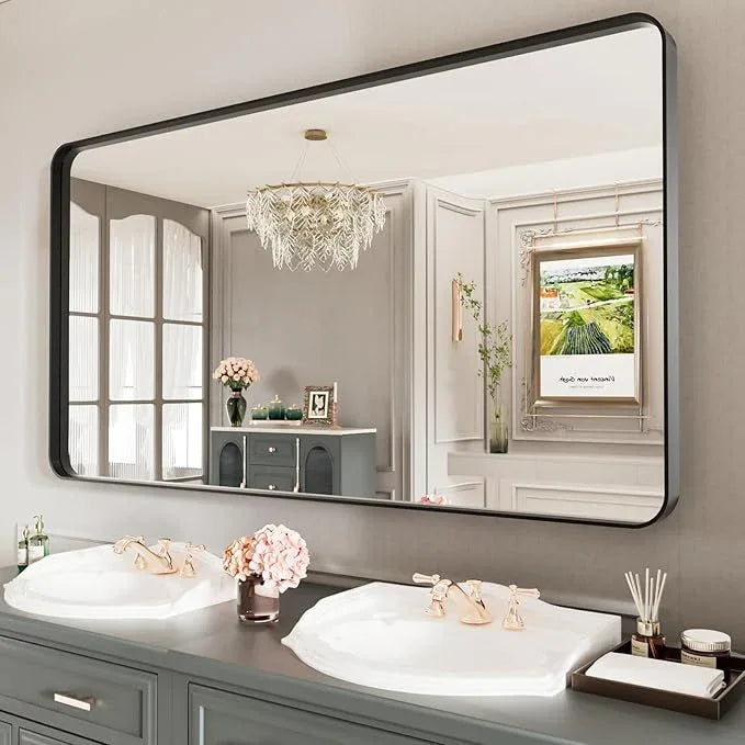 LOAAO Black Metal Framed Bathroom Mirror for Wall, Large 55X30 Inch Rounded Rectangle Mirror, Matte Black Bathroom Vanity Mirror Farmhouse, Anti-Rust, Tempered Glass, Hangs Horizontally or Vertically - ModernBath