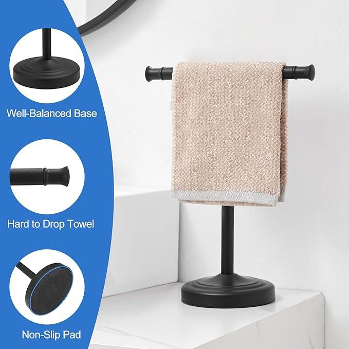 RUMOSE 13 Inch Matte Black Towel Stand Hand Towel Holder Bathroom Kitchen Vanity Countertop T-Shape Towel Rack Free Standing Stainless Steel Towel Bar Towel Ring - ModernBath