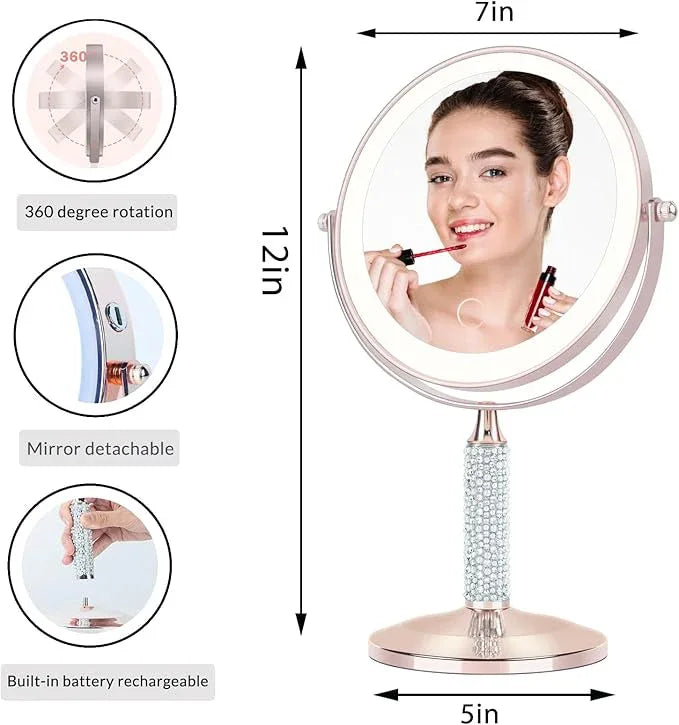 Senshuerjie 7" Rose Gold Glitter Diamond Rhinestone Makeup Mirror,360°Rotate Round Tabletop Vanity Mirror Double Sided 1X/10X HD Undistorted Magnifying Mirror,Portable Vanity Women Gift (Rose Gold) - ModernBath