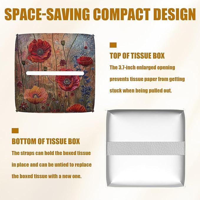 Red Poppy Tissue Box Cover 2PCS, Leather Tissue Box Holder Square Facial Paper Case Tissue Box Cube Organizer for Bathroom Bedroom Desk Office - ModernBath
