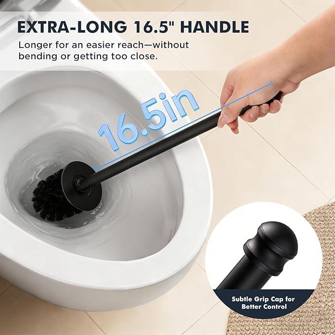 Toilet Brush and Holder Set, Stainless Steel Toilet Bowl Brush with 16.5" Long-Reach Handle, Tilted Canister with Concealed Brush Head & Anti-Splash Shield for Bathroom Cleaning, 1 Spare Head Included - ModernBath