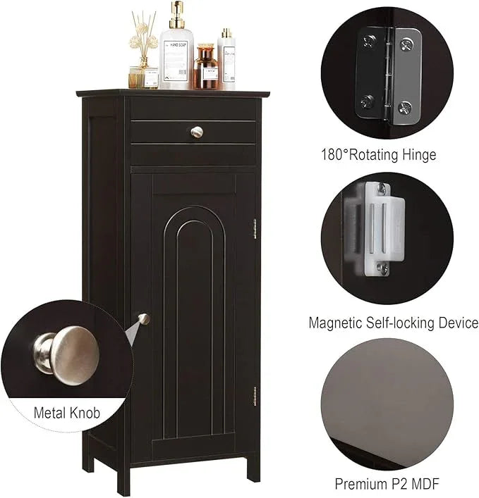 Tangkula Bathroom Floor Cabinet, Wooden Side Storage Cabinet, Freestanding Single Door Bathroom Cabinet with Large Drawer & 2 Adjustable Shelves for Living Room Kitchen (Brown) - ModernBath