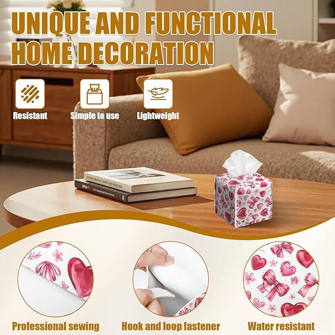 Pink Heart Bow Tissue Box Cover 2PCS, Leather Tissue Box Holder Square Facial Paper Case Tissue Box Cube Organizer for Bathroom Bedroom Desk Office - ModernBath