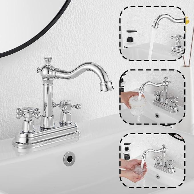 Chrome Bathroom Faucet GGStudy 2 Handles 4 Inches Centerset Bathroom Vanity with Drain Assembly and Supply Hose Lavatory Faucet Mixer Double Handle Tap - ModernBath