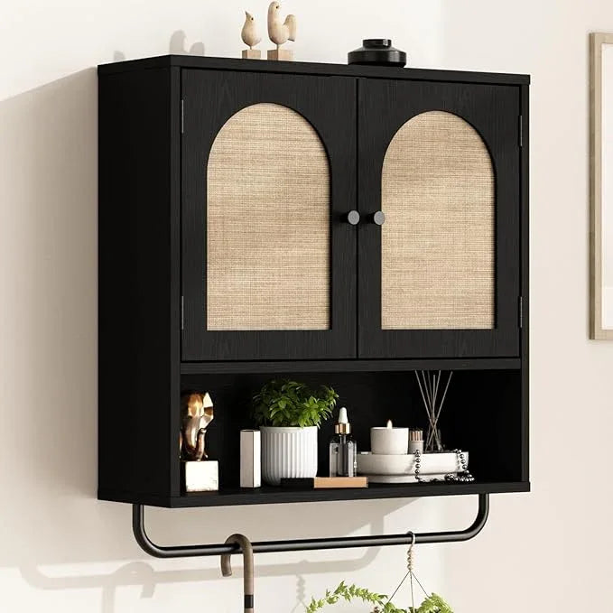 RUSTOWN Rattan Bathroom Wall Cabinet, Boho Medicine Cabinet with 2 Arched Doors, Farmhouse Over The Toilet Storage Cabinets with Adjustable Shelves & Towel Bar - ModernBath