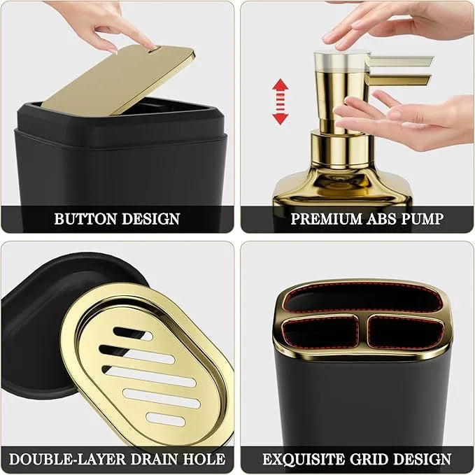 XLHOMO Bathroom Accessories Set - 25PC Bathroom Set with Shower Curtain and Rugs, Black Bathroom Set, Bathroom Accessory Set with Press-on Lid Trash Can, Soap Dispenser and Qtip Holders - ModernBath