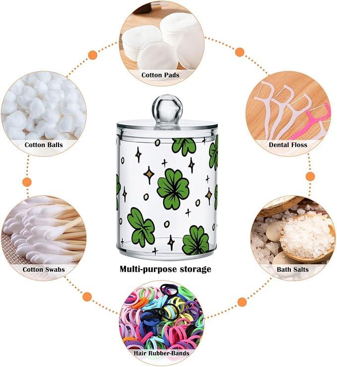 Qtip Holder Bathroom Set Q tip Cotton Ball Swab Pad Dispenser Container Organizer Plastic Jars with Lids Storage 2Pack Clover Leaves and Stars St Patricks - ModernBath