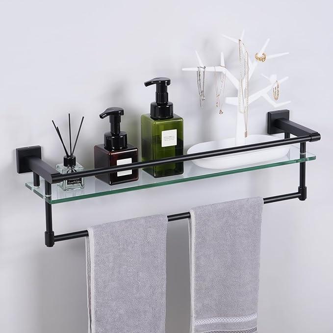 Glass Shelves for Bathroom with Towel Bar/Rack 24" Tempered Glass Shelves with Stainless Steel Towel Holder for Wall Shelf Sink Over Toilet (Matte Black) - ModernBath