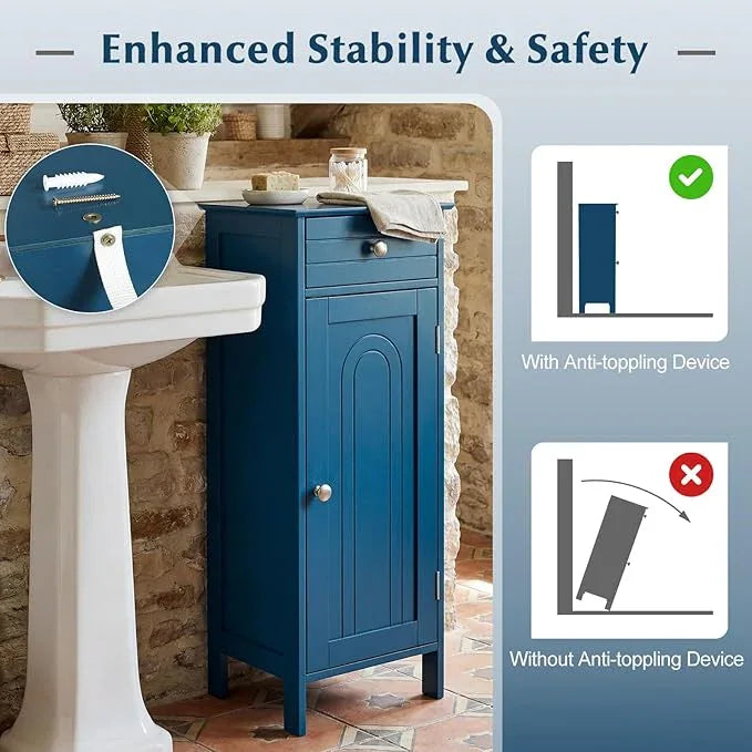 Tangkula Bathroom Floor Cabinet, Wooden Side Storage Organizer Unit, Free-Standing Single Door Floor Storage Cabinet with Large Drawer & 2 Adjustable Shelves for Living Room (Blue) - ModernBath