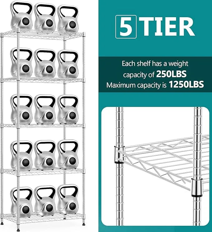 IZEUK 5-Tier Chrome Metal Storage Shelves, Adjustable Wire Shelving Unit for Kitchen, Bathroom, Pantry, Office, Garage, Organizer Wire Rack, 1250 lbs, 13.7" D x 23.6" W x 63" H - ModernBath