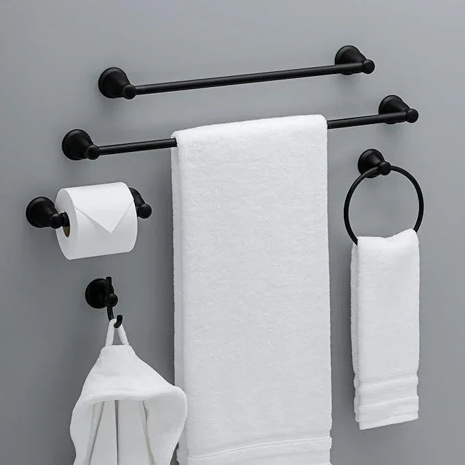 Franklin Brass Kinla 5-Piece Bathroom Set Matte Black 18" and 24" Towel Bar Racks, Toilet Paper Holder, Ring, Hook KIN5PC-MB - ModernBath