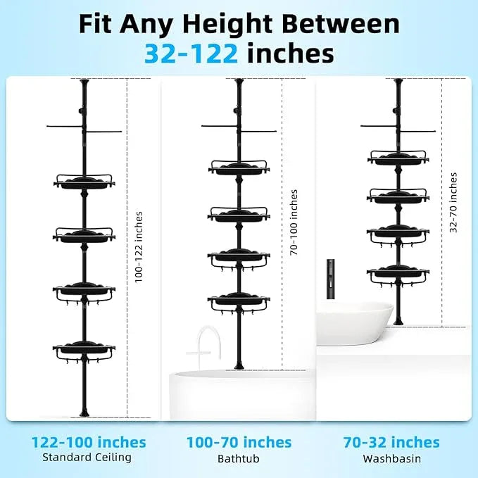 32-122inch Corner Shower Caddy Tension Pole Black, Rustproof Drill-Free Shower Shelves for Bathroom Bathtub Washbasin, Adjustable Shower Organizer with 4 Tier Patent Stable Shelves & Towel Bars - ModernBath