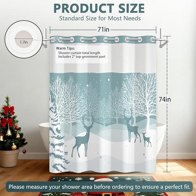 TQUQOBU No Hook Reindeer Christmas Shower Curtain with Snap in Liner, Waterproof Winter Shower Curtain with Sheer Top Window, Snowy Forest Holiday Shower Curtains for Bathroom, 71x74 Inches - ModernBath