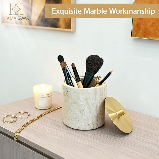 HAMAKAWA Nartural Marble Qtip Holder with Brass Lid, Beige Travertine Cotton Swab Jar, Modern Round Canister, Small Apothecary Storage Jars for Bathroom, Bedroom, Vanity, Kitchen Cabinet - ModernBath