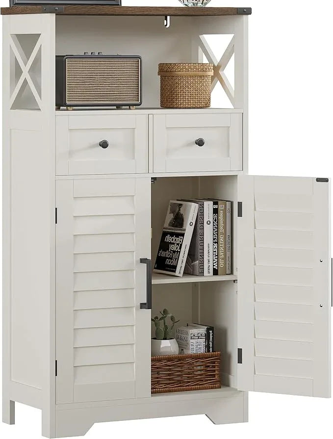 ChooChoo Farmhouse Storage Cabinet, Bathroom Floor Cabinet with Doors and Drawers, Kitchen Pantry Cabinet for Living Room, Laundry, White - ModernBath