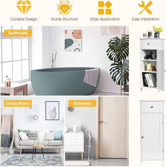 GOFLAME Bathroom Storage Cabinet, Freestanding Wooden Storage Cabinet with Large Drawer, 2 Float Shelves with 7 Positions, Bathroom Floor Cabinet Organizer for Living Room, White - ModernBath