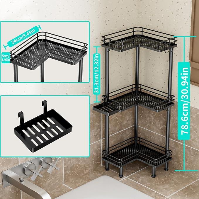 HapiRm Corner Shower Caddy Standing - 3 Tier Shower Organizer Corner with Soap Holder, Rustproof Bathroom Standing Organizer with 4 Hooks, Black - ModernBath