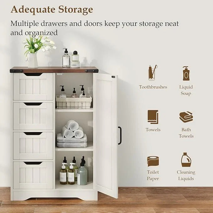 Vabches Farmhouse Bathroom Cabinet, Freestanding Storage Cabinet with 4 Drawers and 1 Door, Rustic Storage Organizer with Adjustable Shelf for Bathroom, Living Room, Entryway,White - ModernBath