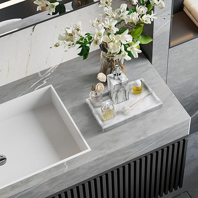 Zilukar Real Natural Marble Tray for Bathroom, Vanity, Kitchen and Desktop, Rectangle Genuine Marble Stone Tray for Jewelry, Cosmetics, Candles, Lotion, Perfume and Home Decor - ModernBath