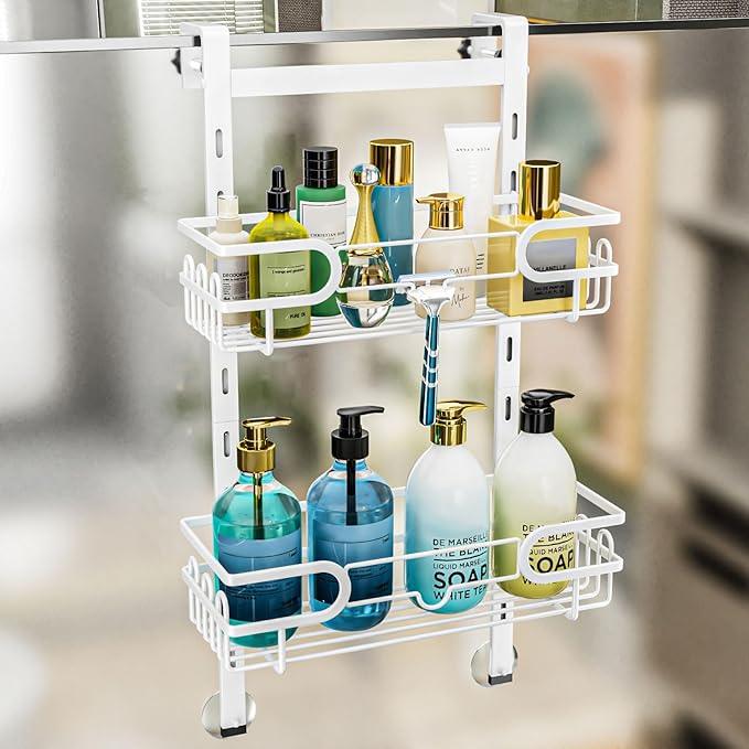 Consumest Over The Door Shower Caddy - 2 Tier Adjustable Hanging Shower Organizer Shelf with 12 Hooks, Rustproof Easy Installation Hanging Storage Rack for Bathroom, White - ModernBath