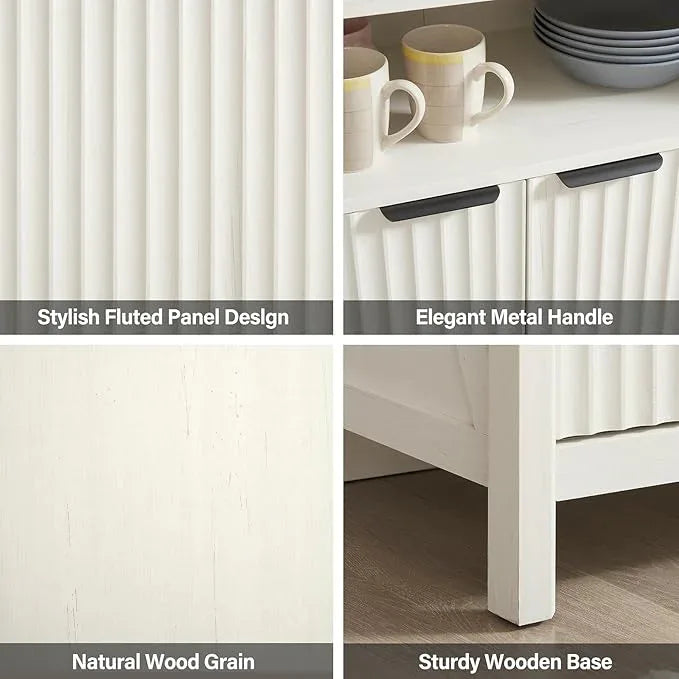 Buffet Cabinet with Storage - Modern Farmhouse Rustic 32 Fluted Sideboard Storage Cabinet Buffet with Adjustable Shelves, Coffee Wine Bar Organizer for Dining Room (Antique White) - ModernBath