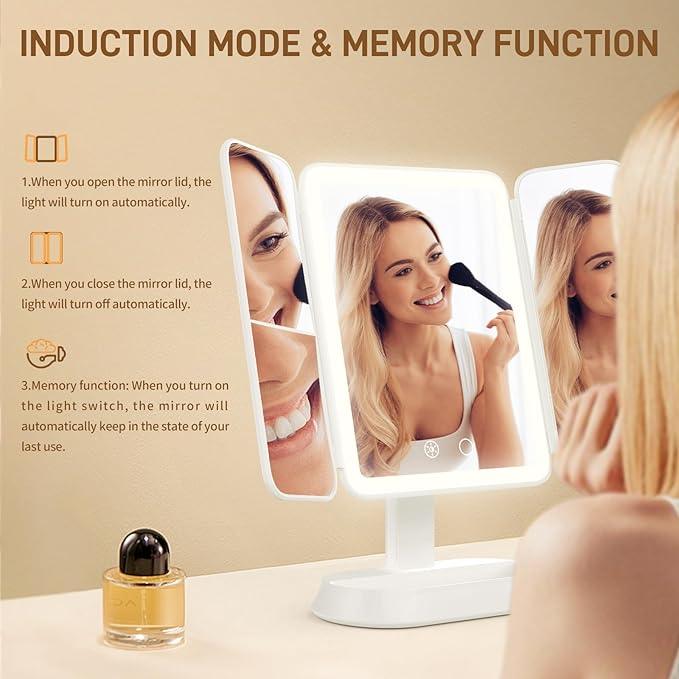 FRANO Vanity Mirror with Lights - Rechargeable Lighted Makeup Mirror | 1X/3X/5X Magnification, Smart Touch, 3 Colors Dimmable | Portable Trifold Mirror for Travel for Women and Girls - ModernBath