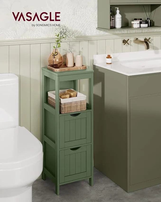 VASAGLE Storage Cabinet, Storage Organizer Rack Stand for Bathroom, Living Room, Bedroom, Multifunctional Corner Unit, 2 Drawers, 35 Inches in Height, Forest Green UBBC042C01 - ModernBath