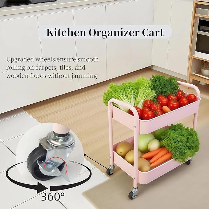 2 Tier Pink Rolling Cart with Wheels for Under Desk Storage, Large Capacity Rolling Pantry & Kitchen Storage Cart for Small Space, Sturdy Metal Bathroom Shelf Laundry Room Organization - ModernBath