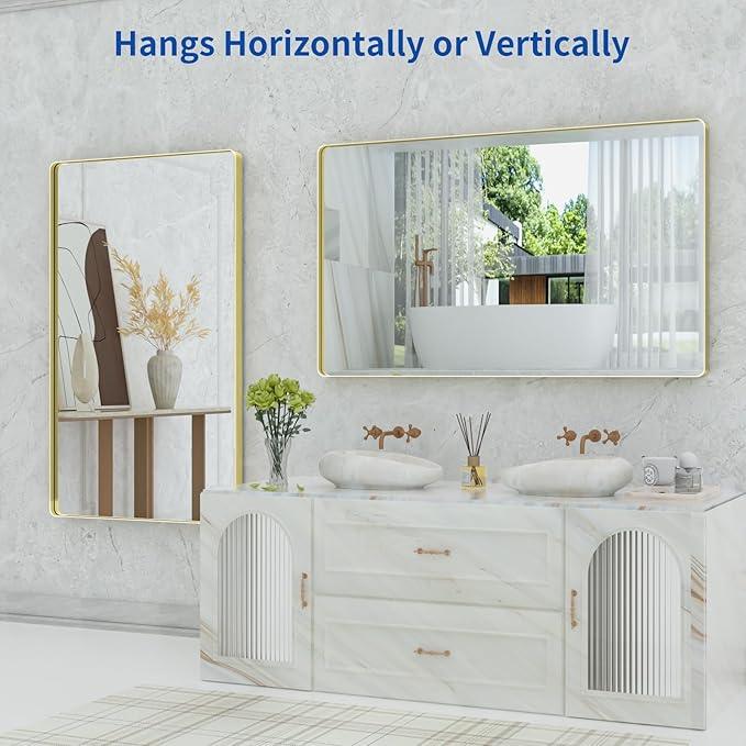WEER Gold Bathroom Mirror, 60x30 Inch Brushed Gold Metal Frame, Rounded Rectangle Vanity Mirror for Wall, Tempered Glass, Anti-Rust, Hangs Horizontally or Vertically - ModernBath