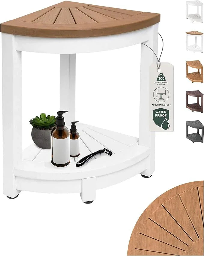 ROHKEX Waterproof Corner Shower Stool - Pack of 1, White & Brown - Stable Shaving Stool for Legs - Easy Assembly Plastic Shower Bench Seat - Non-Slip Feet, Gifts Idea for Home, Corner Bench Seat - ModernBath