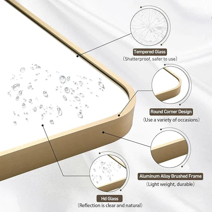 CLBA Gold Mirror, 22x30 Inch Gold Rectangle Mirror, Aluminum Alloy Framed Vanity Mirror, Rounded Rectangle Bathroom Mirror for Over Sink, Anti-Rust Wall Mirror (Horizontally or Vertically) - ModernBath
