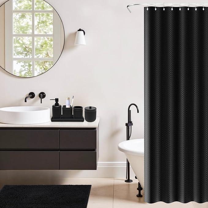 XLHOMO 8-Piece Matte Black Bathroom Set - Luxury Resin Bathroom Accessories Sets Complete with Shower Curtain and Rugs, Soap Dispenser, Toothbrush Holder, Cup, Apothecary Jars & Tray - ModernBath