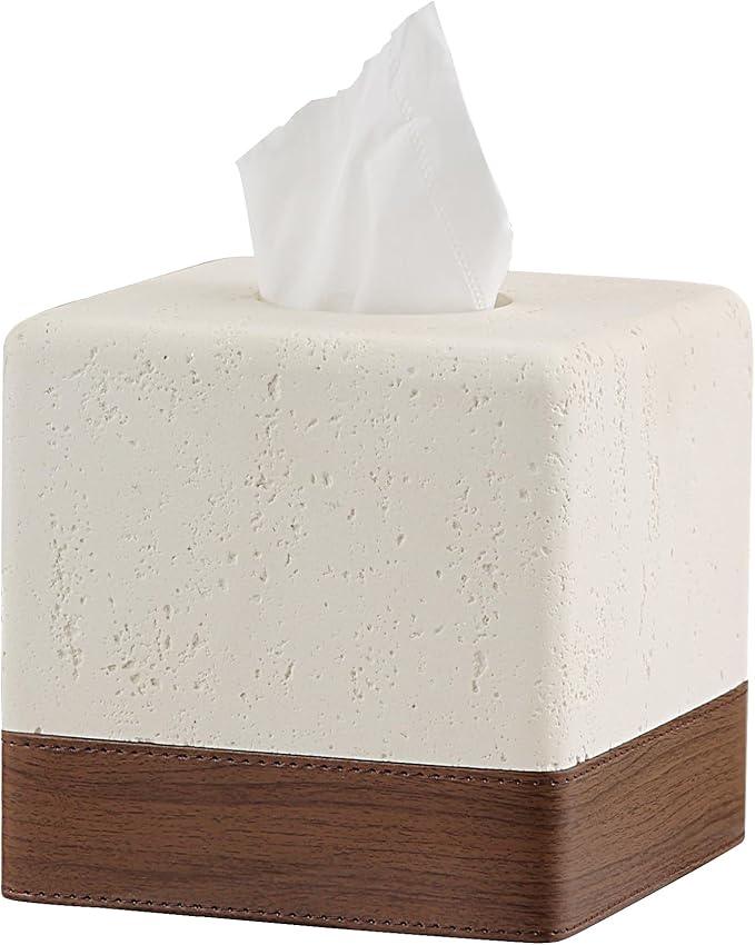 Haocoott Tissue Box Cover Square, Resin Facial Tissue Holder Covers Toilet Paper Holder Decorative Travertine Paper Dispenser Home Decor for Bathroom Bedroom Living Room Office - ModernBath