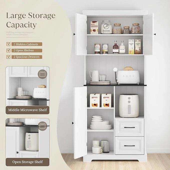 71" Tall Kitchen Pantry Cabinet, White Wooden Storage Cabinet with Drawers & Wire Hole & Adjustable Shelves & Anti-Tip Device, Multipurpose Pantry Cabinets for Kitchen Bathroom Living Room - ModernBath