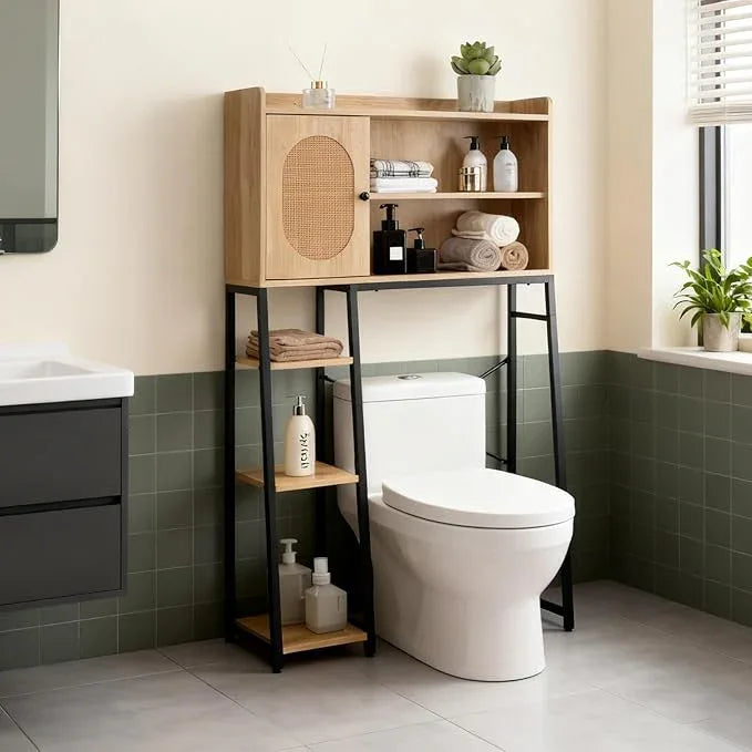 Giantex Over The Toilet Storage Cabinet with Rattan Door, Freestanding Space Saver Rack Above Toilet with Metal Stand, Adjustable Shelf, Over Toilet Bathroom Organizer for Restroom, Laundry - ModernBath