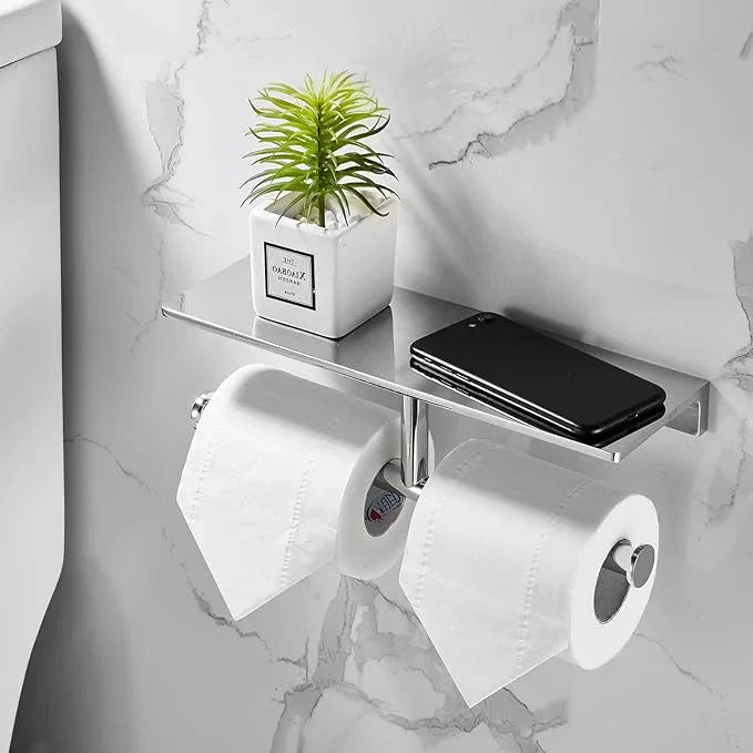 Double Toilet Roll Paper Holder Bathroom Solid Brass and Superior Hotel Style Wall Mount Tissue Roll Holder with Storage Shelf Bright Chrome Finished - ModernBath