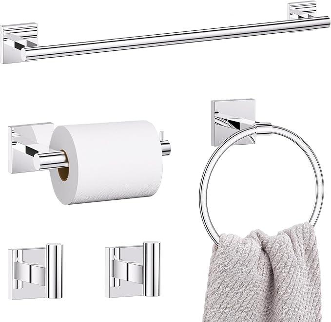 5 Pieces Bathroom Hardware Set Polished Chrome Towel Bar Set Includes 23.6” Towel Bar, Towel Ring Holder, Toilet Paper Holder and Two Towel Hooks, Bathroom Accessories Set SUS304 Wall Mounted - ModernBath