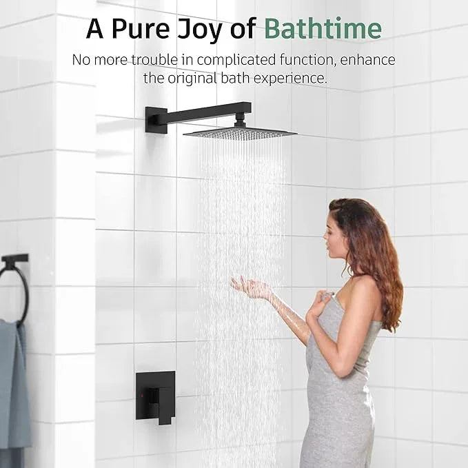 SunCleanse Matte Black Shower Faucet Set with Valve, 8 Inch Square Shower Head and Handle Set, Single Handle Shower Trim Kit with Extra Long Shower Arm - ModernBath