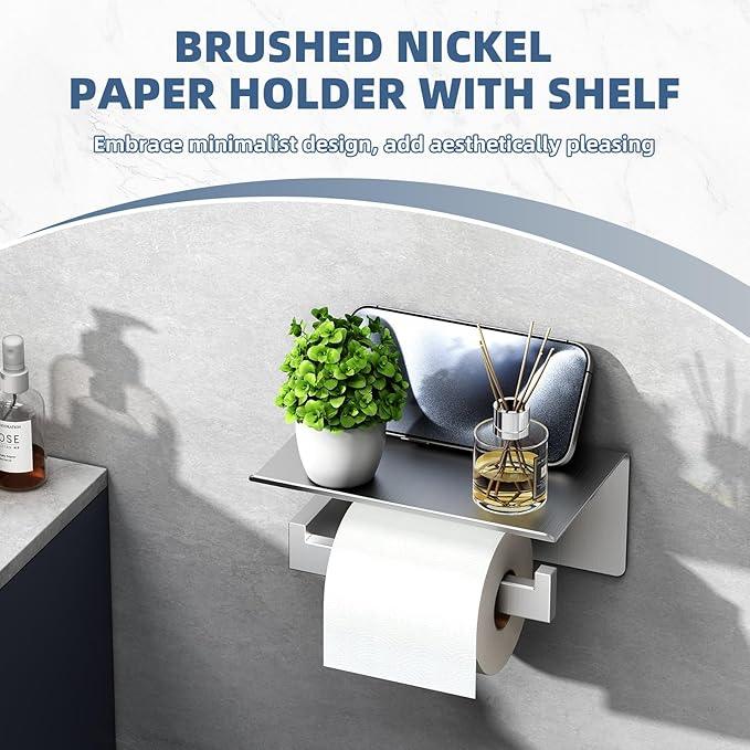 APLusee Brushed Nickel Toilet Paper Holder with Phone Shelf, 304 Stainless Steel Toilet Tissue Roll Holder, Wall Mounted Bathroom Paper Roll Dispenser - ModernBath