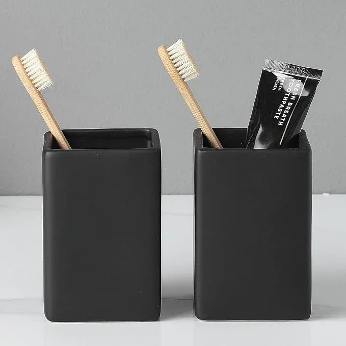 Black Square Toothbrush Holders for Bathrooms - 2 Cups Ceramic Square Toothbrush Toothpaste Holders Set, Bathroom Tumbler Cups Reusable Toothbrush Mouthwash Cup, Bathroom Counter Organizer. - ModernBath