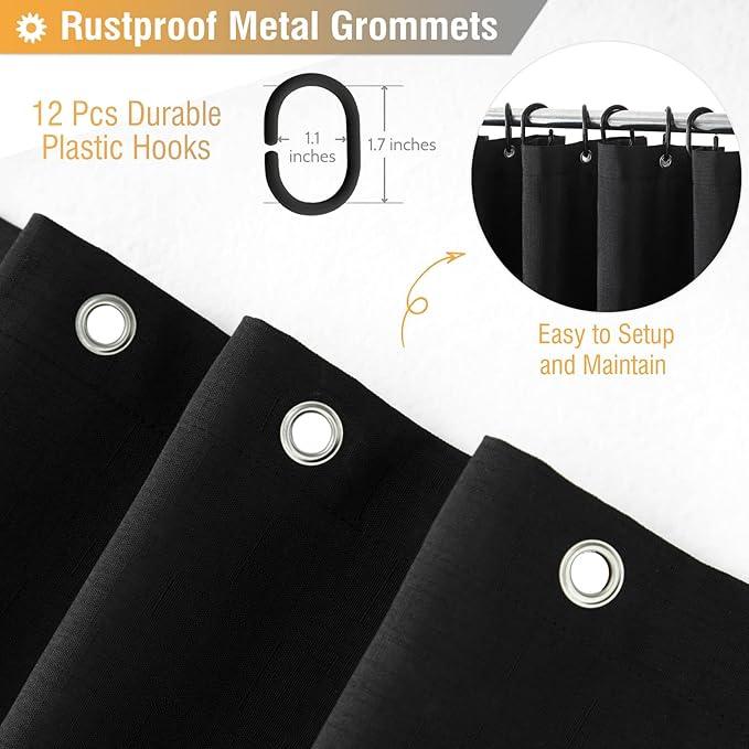 BTTN Black Fabric Shower Curtain - Linen Textured Heavy Duty Cloth Shower Curtain Set with 12 Plastic Hooks, Rust Resistant, Machine Washable, Simple Hotel Spa Luxury Bath Curtains for Bathroom, 72x72 - ModernBath