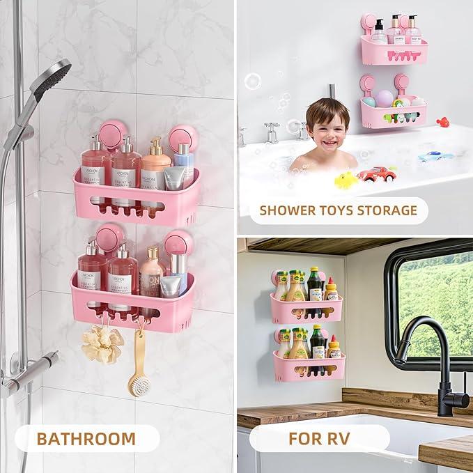 LEVERLOC Shower Caddy Suction Cup 2 Pack, Shower Organizer Removable Bathroom Shelf, Storage Suction Powerful Max Hold 22lbs Bathroom Caddy Waterproof Holder, Pink - ModernBath